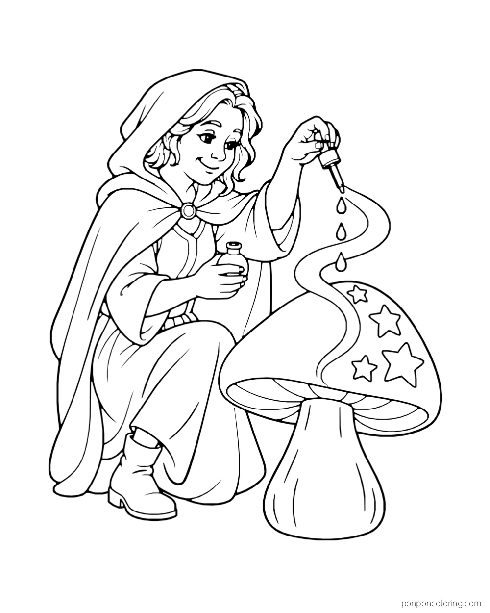 A hooded witch drips potion from a dropper above a large mushroom as a broad magic ribbon curls toward four stars on its cap.