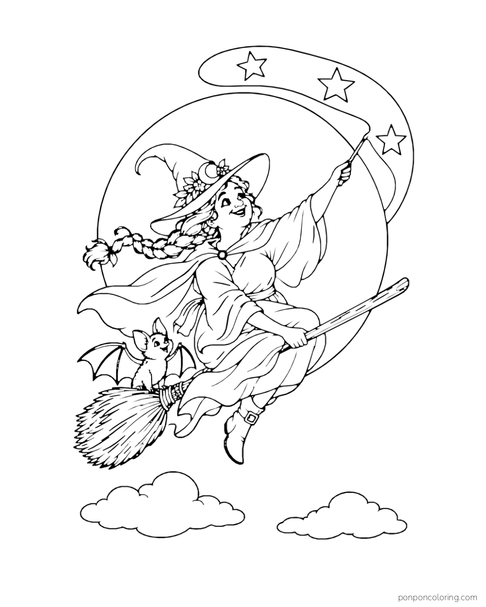A braided witch rides a broom in front of a large round moon, casting a three-star ribbon while a small winged bat perches behind her.