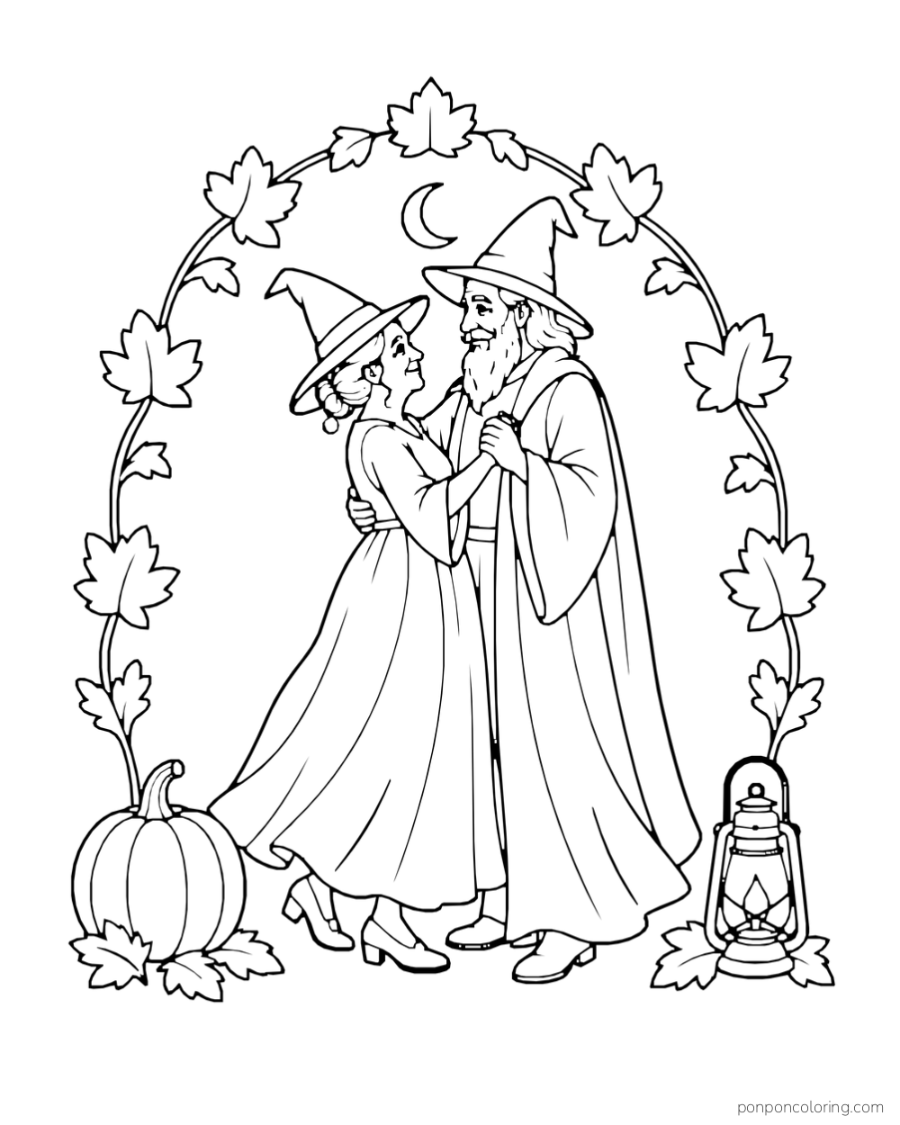 Elderly witch and wizard smiling at each other while dancing beneath a leafy arch with pumpkin and lantern