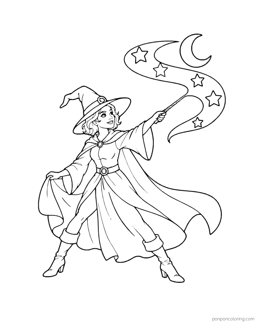 A witch points a wand upward, sending a broad ribbon of five stars toward a crescent moon.
