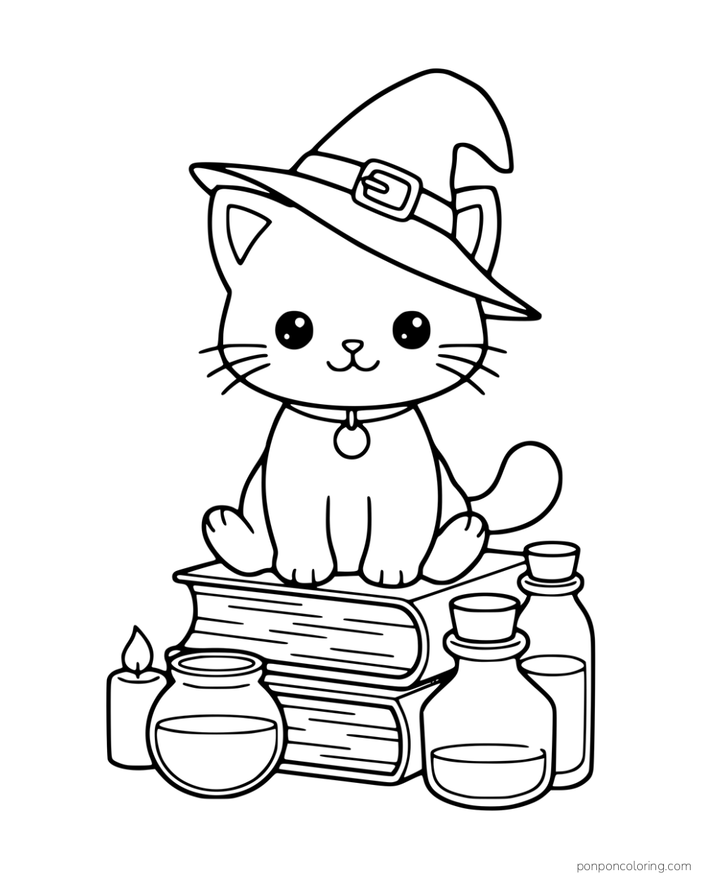 A cat in a witch hat sits on stacked books beside bottles, jars, and a candle.