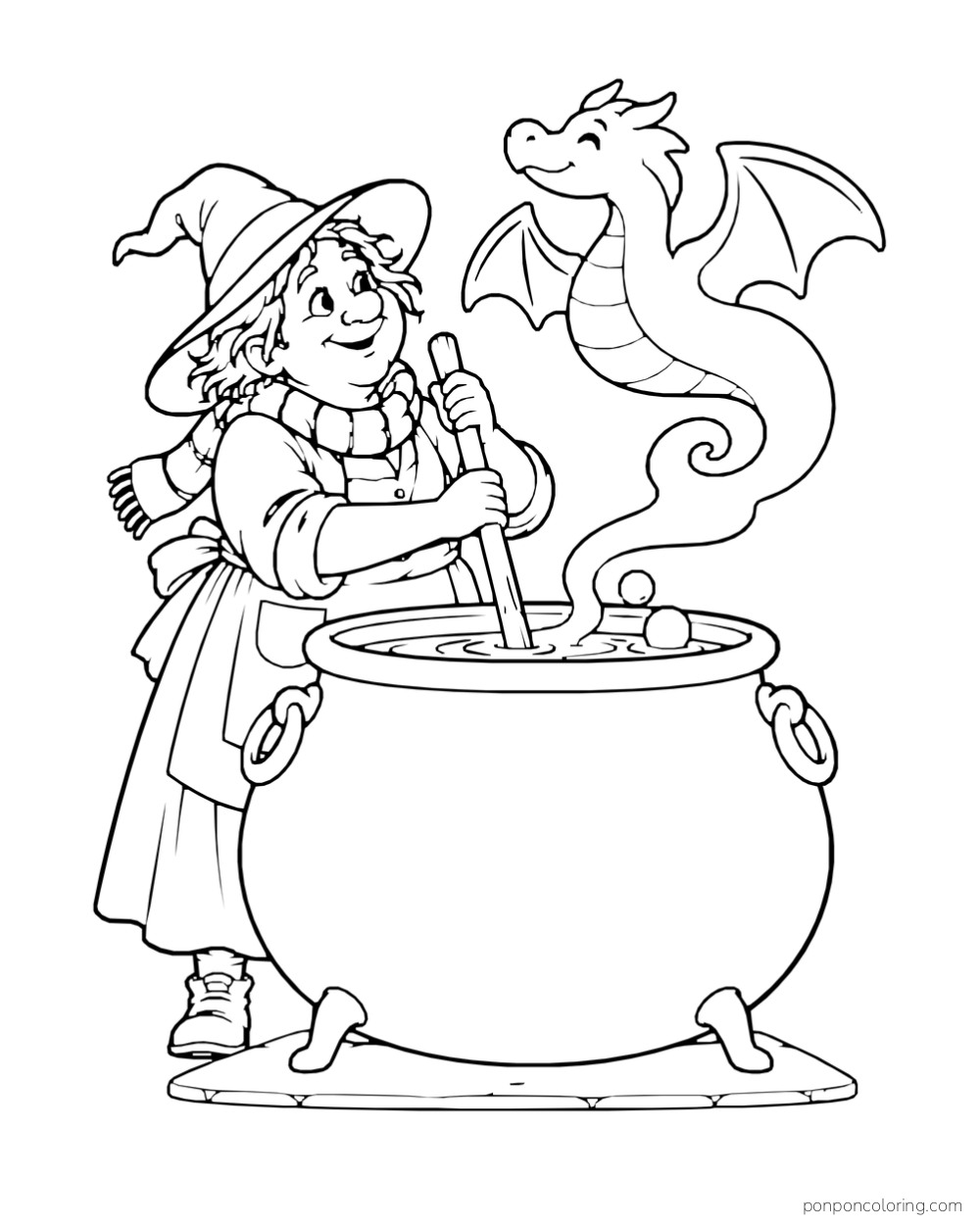 A scarf-wearing witch stirs a large cauldron as a friendly dragon-shaped magic puff with wings rises above the bubbling potion.