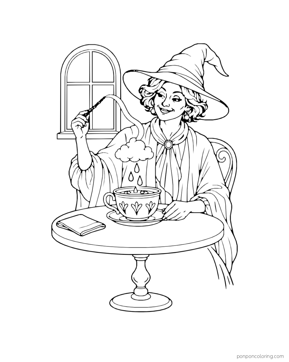 A short-haired witch raises a wand at a round table, guiding a broad spell ribbon toward a small cloud and three raindrops above her teacup.