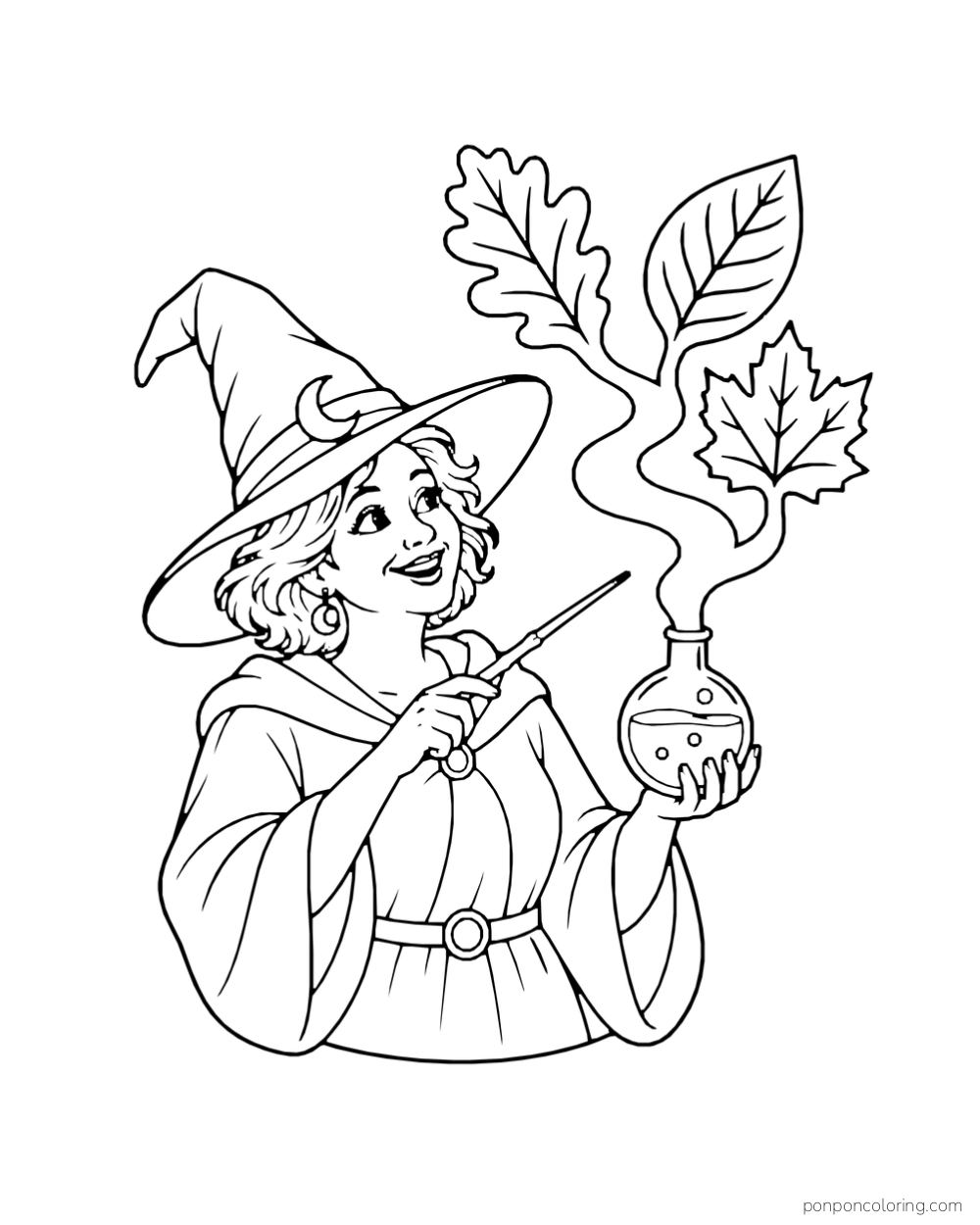 A smiling witch raises a wand beside a round potion flask as a broad magic ribbon becomes three different leaves.