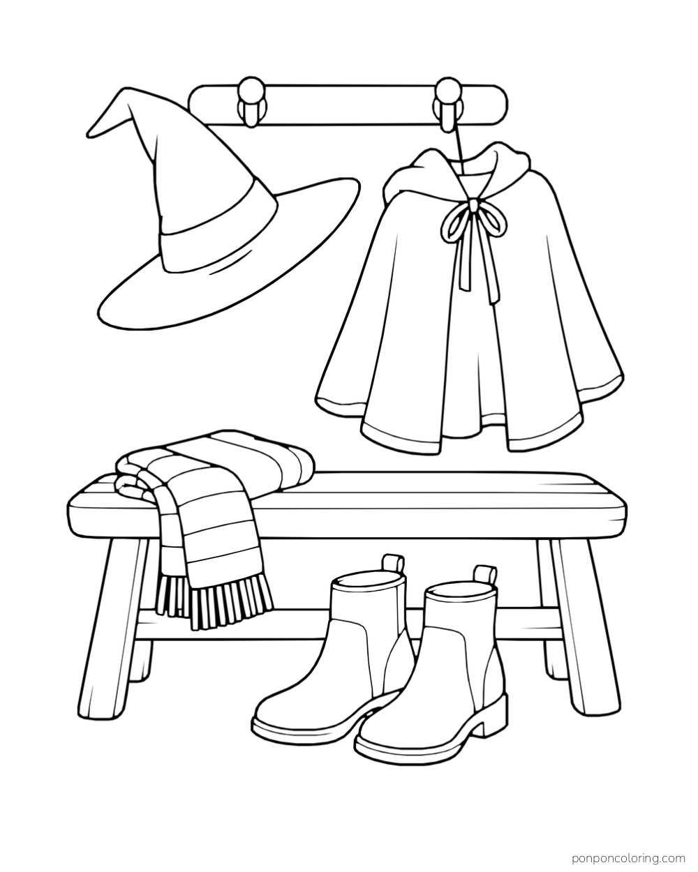 A witch hat and cape hang over a bench holding a folded striped scarf, with a pair of ankle boots beneath.