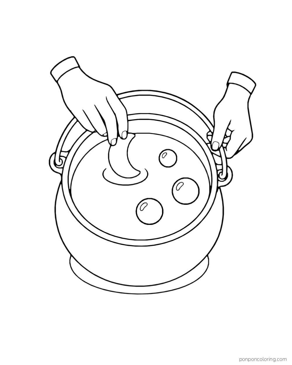 Two witch hands hold a round cauldron and drop a crescent-shaped pebble into potion beside three large bubbles.