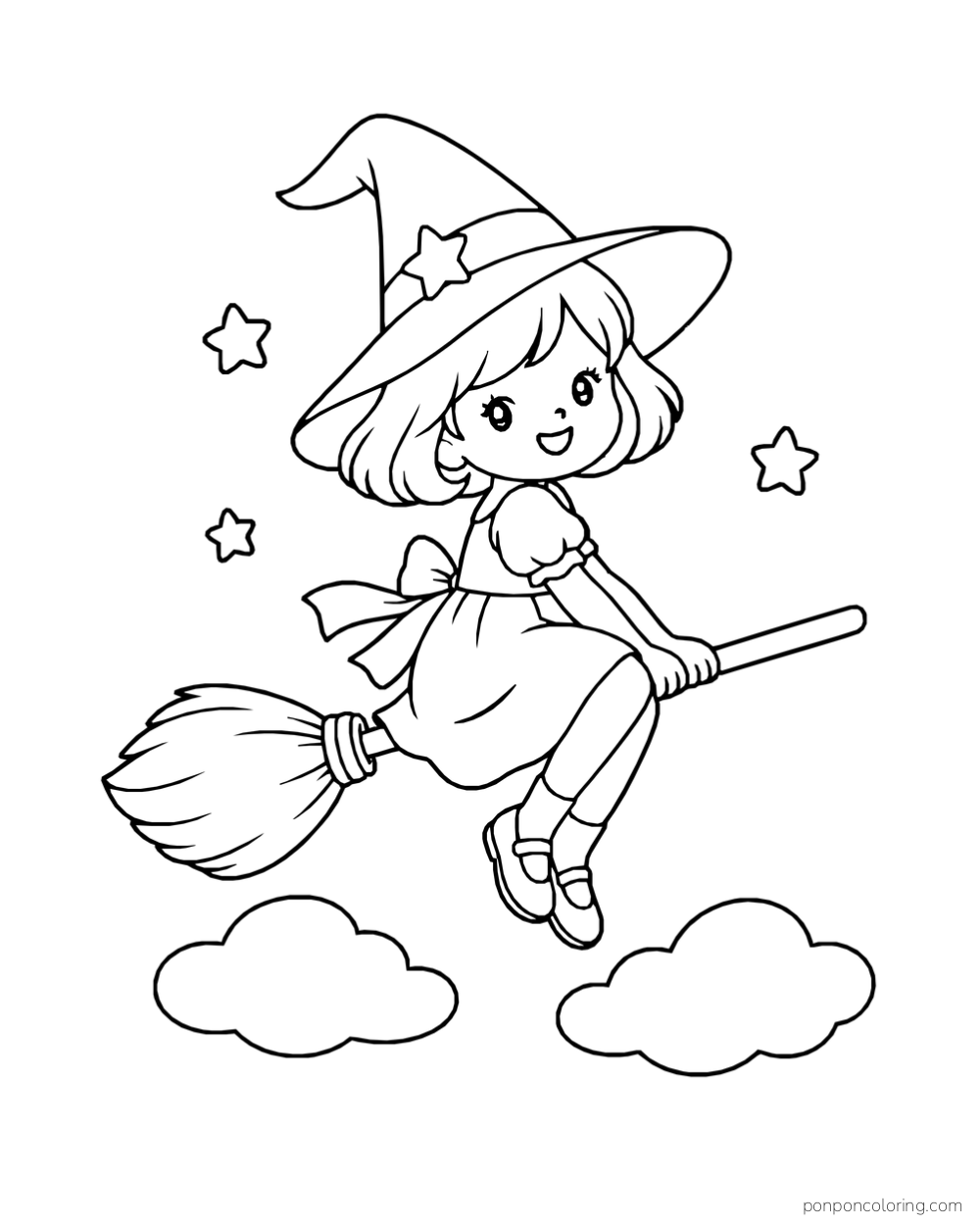 A smiling witch seated on a broom above two clouds with three stars around her.