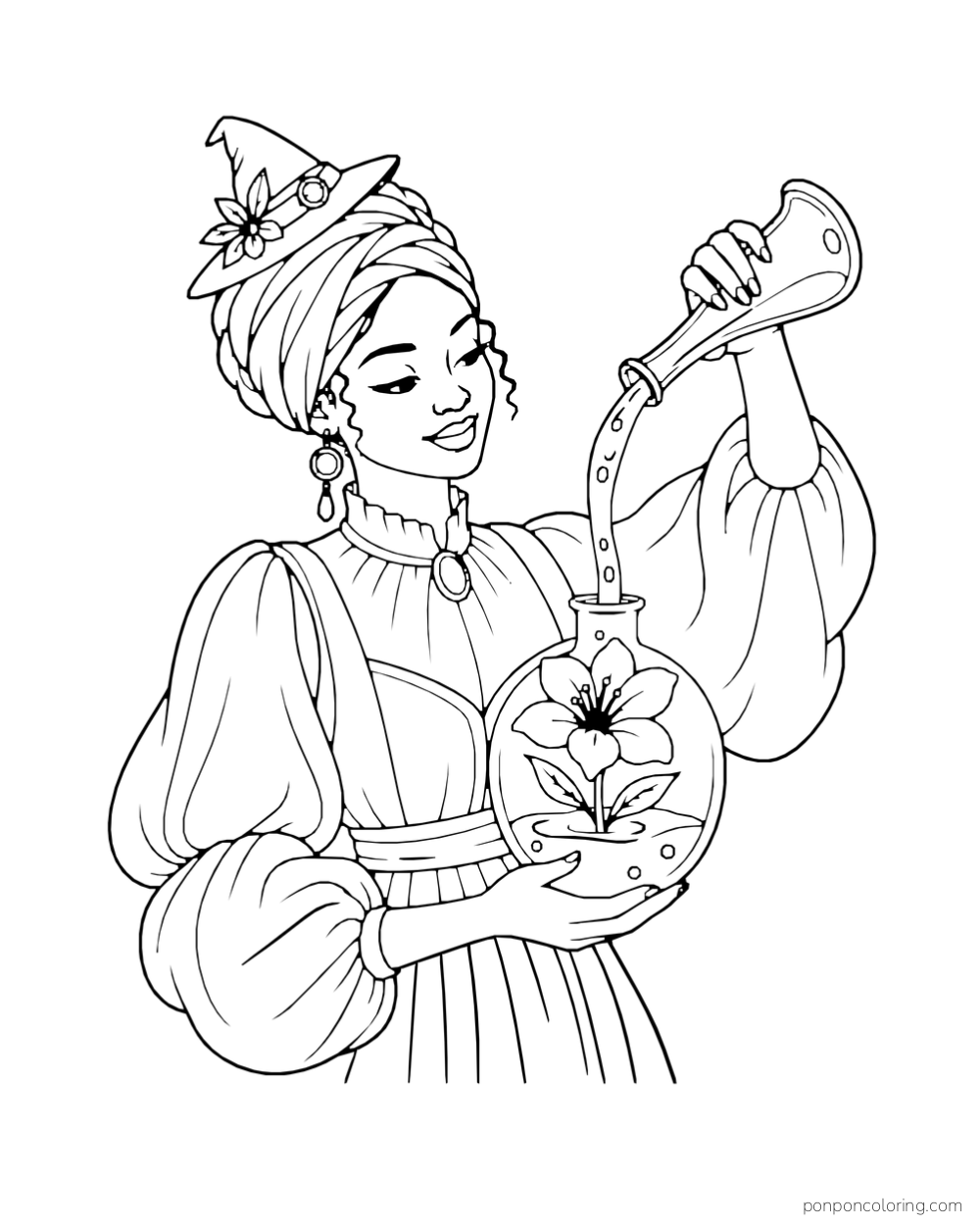 A witch in a headwrap pours a broad potion stream from a raised narrow flask into a round flask holding a five-petal flower.