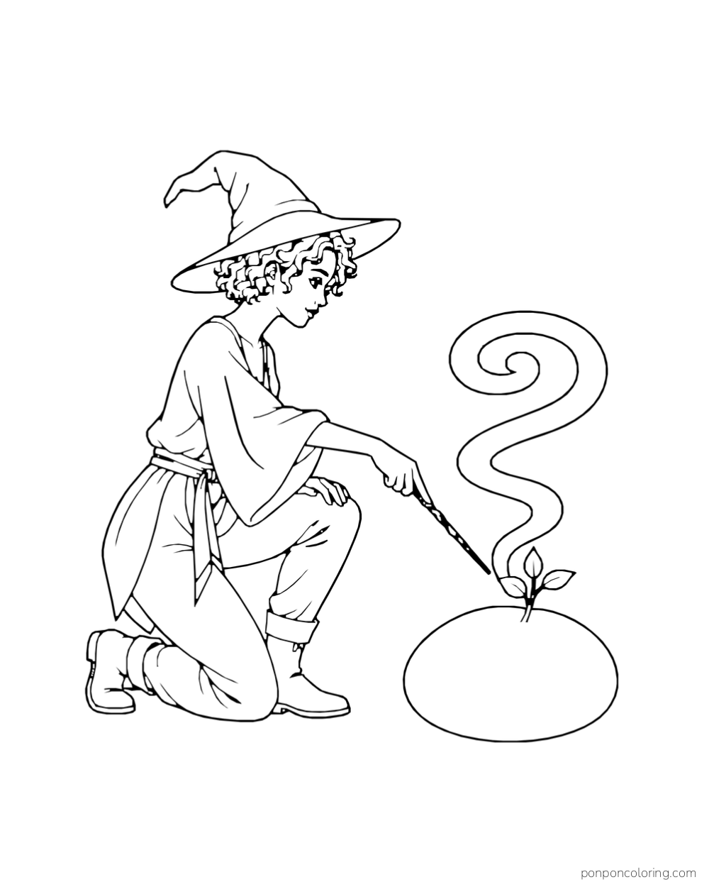 A curly-haired witch kneels and points her wand toward a three-leaf seedling on a smooth oval stone beneath a broad spiral spell.
