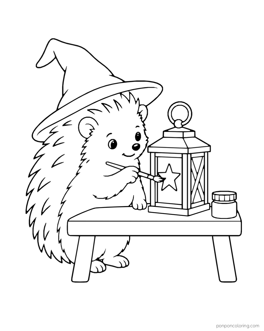A hedgehog uses a brush to paint a star on a lantern beside a paint jar on a low table.