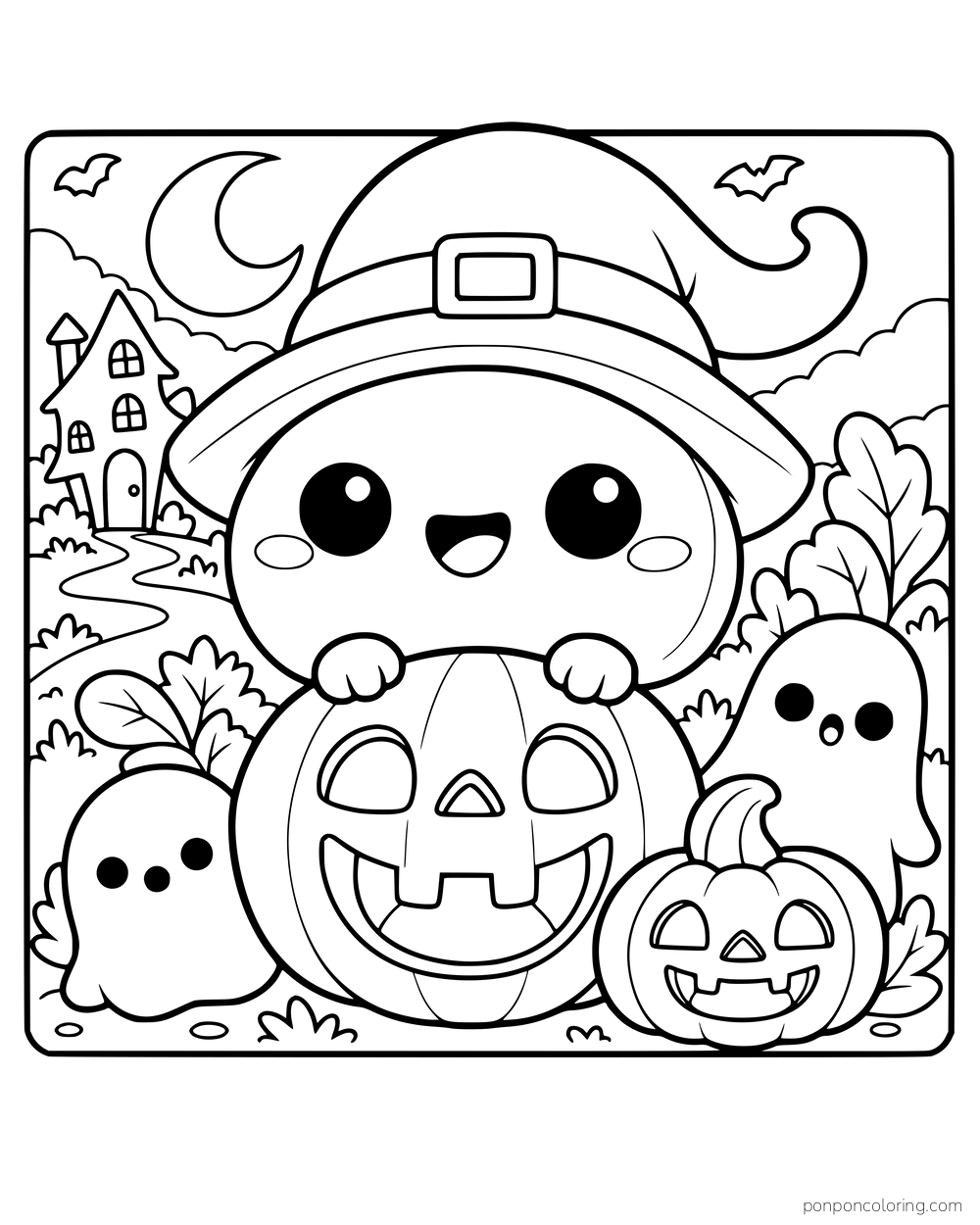 A smiling character in a witch hat holds a carved pumpkin beside two small ghosts, another pumpkin, bats, and a crescent moon.