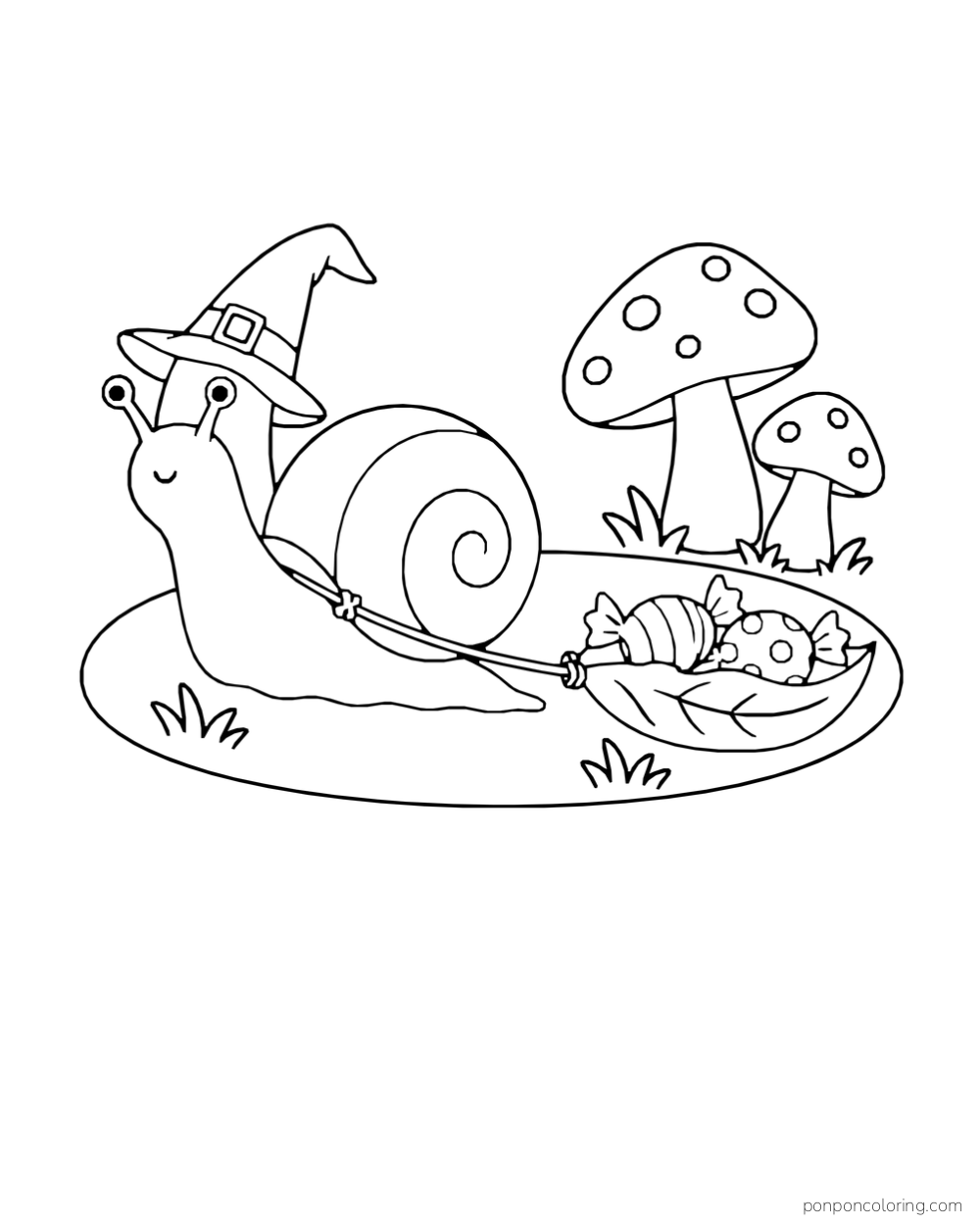 A witch-hat snail pulls a leaf sled with two wrapped candies beside two broad mushrooms on an enclosed oval ground patch.