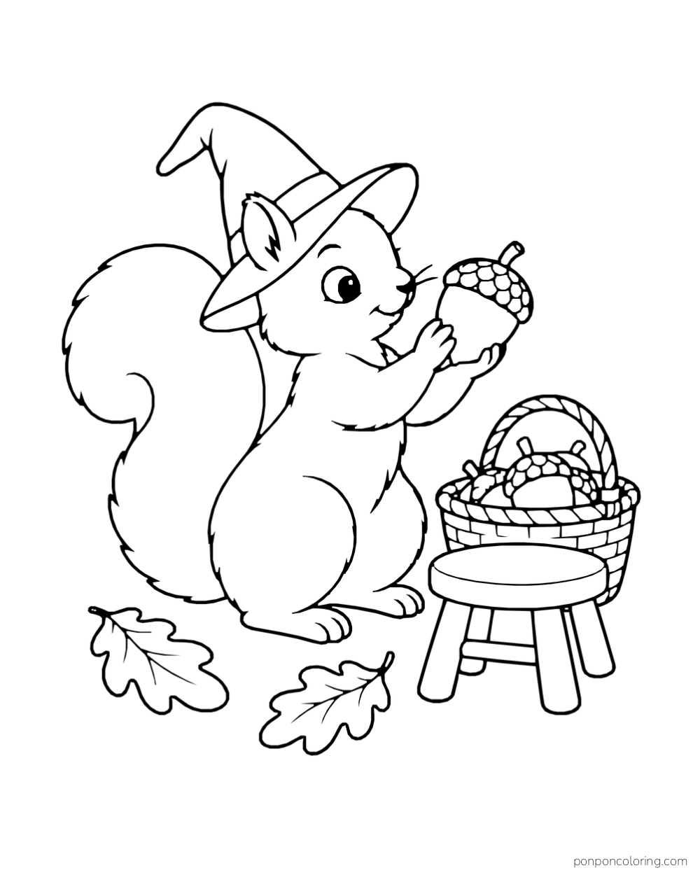 A witch-hat squirrel holds an acorn beside a harvest basket and low stool, with two fallen leaves.