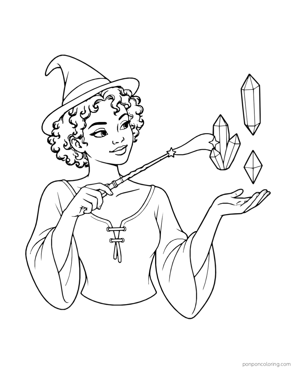 A curly-haired witch casts a short spell from her wand toward three crystal shapes floating above her open palm.