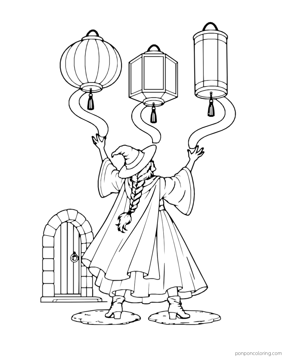 A braided witch raises both hands as three magic ribbons lift round, hexagonal and cylindrical lanterns above a courtyard doorway.