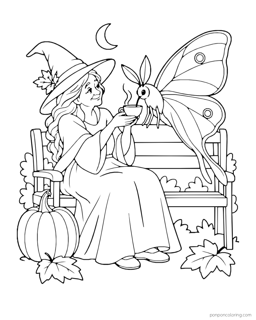 Elderly witch on a bench offering a steaming teacup to a large moon moth beside a pumpkin under a crescent moon