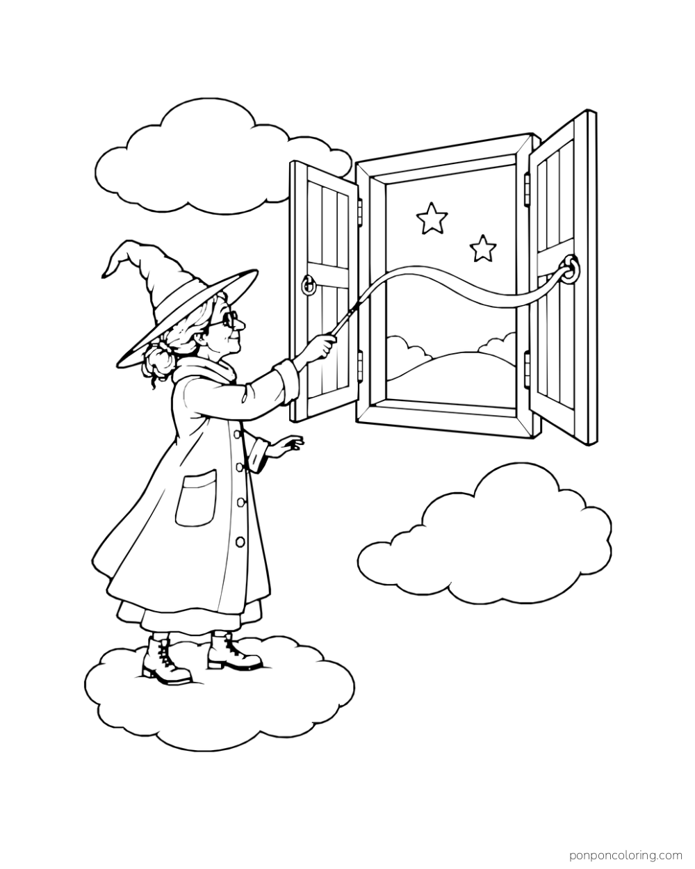 An older witch in spectacles stands on a cloud and points her wand at a window-shaped portal with open shutters, two stars, and hills beyond.