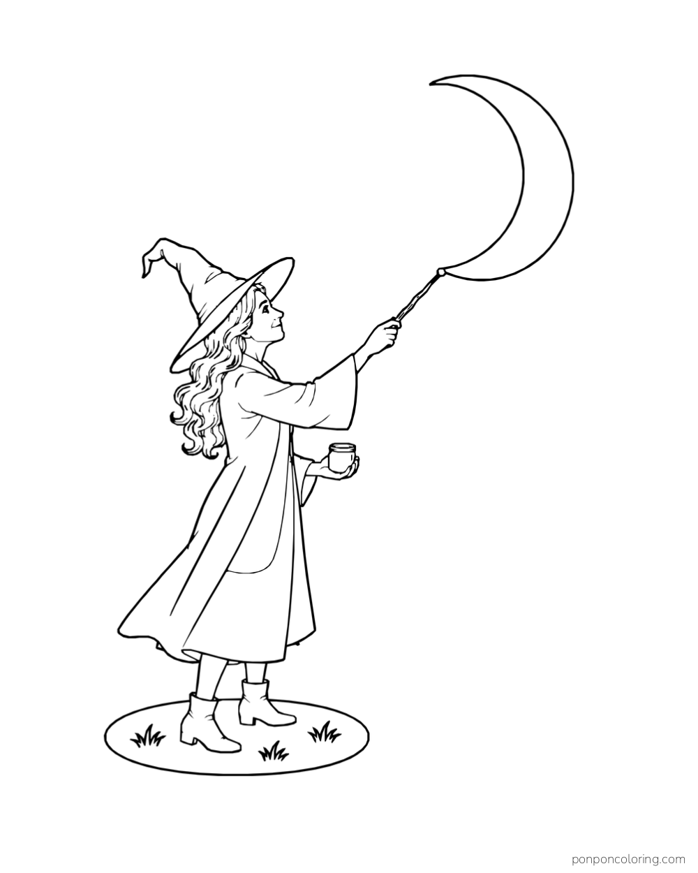 A witch on a small grassy mound touches a large crescent moon with her wand while holding a paint pot.
