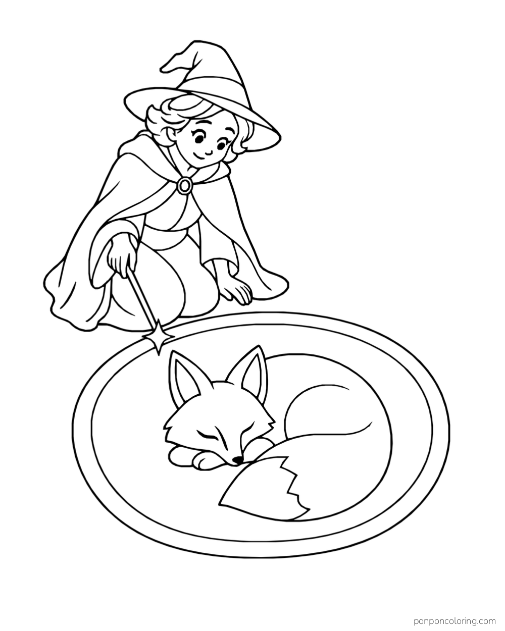 A young-looking witch touches a protective oval spell band with her wand around a curled sleeping fox.