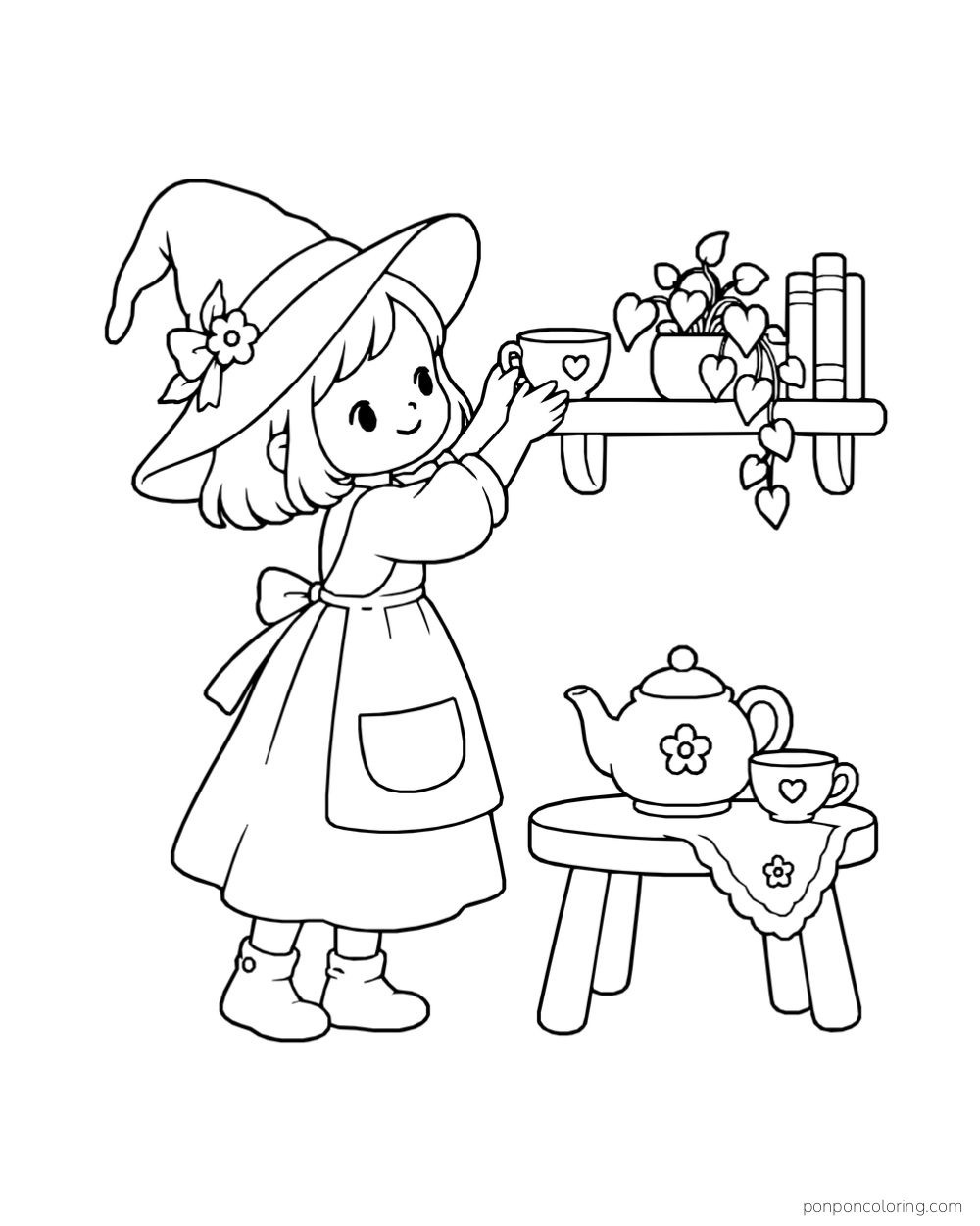 A young witch in a pointed hat and apron placing a cup on a shelf above a small table with a teapot.