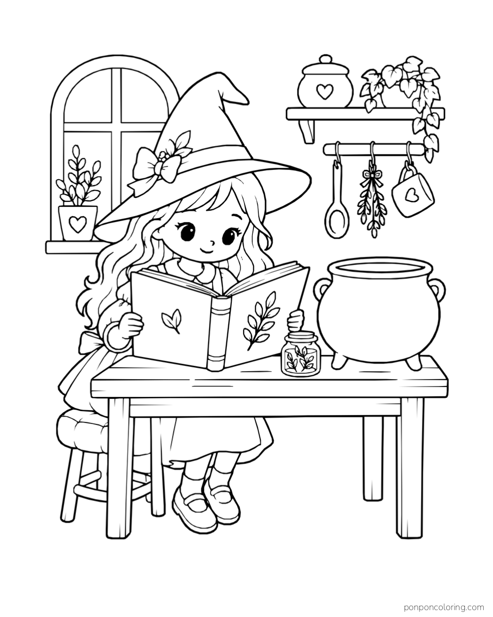 A smiling witch reading an open recipe book at a table beside a round cauldron and a small herb jar.