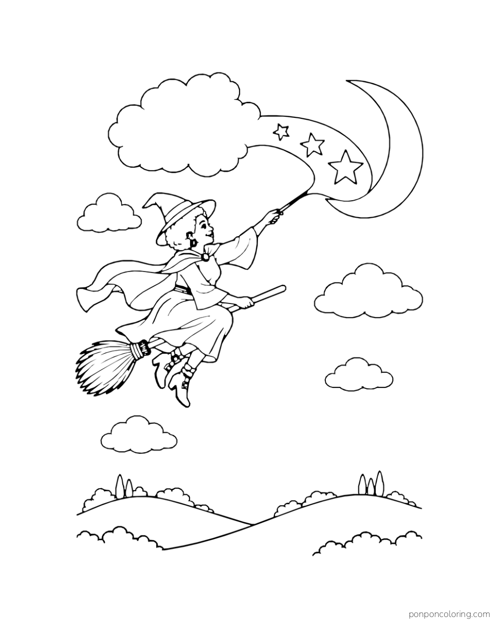An older witch rides a broom and points her wand at a broad star-studded spell arc joining a cloud to a crescent above two hills.