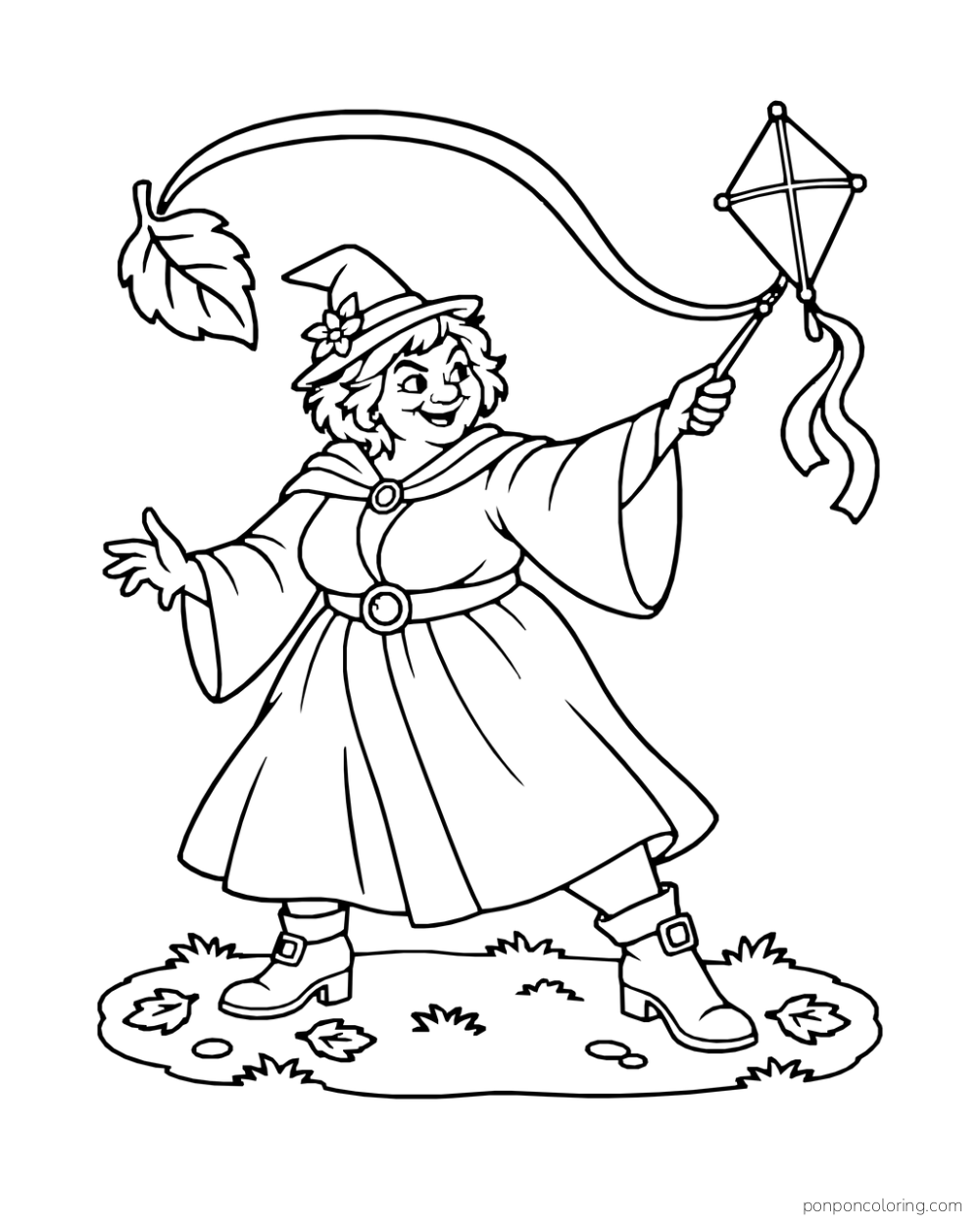 A broad-shouldered witch directs a wand toward a kite as a curved spell ribbon rises from a large autumn leaf.