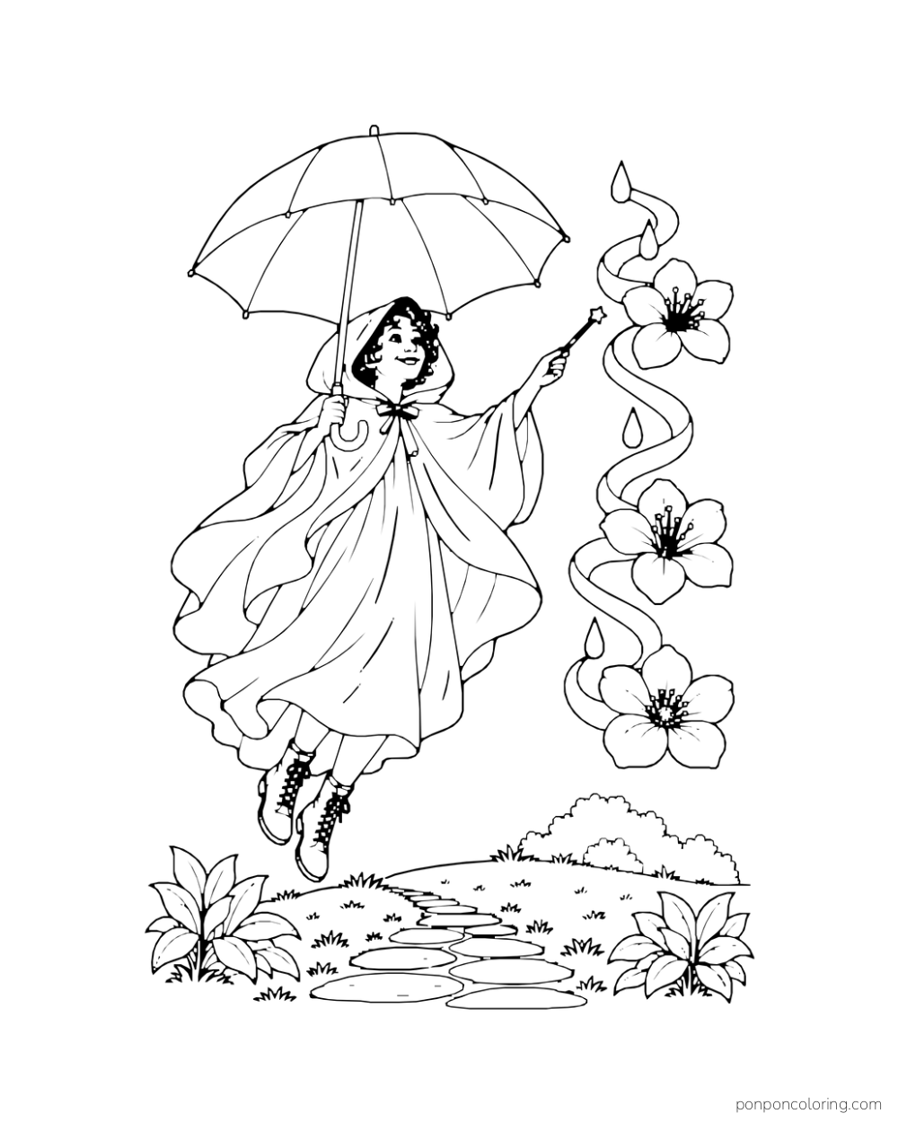A floating witch points her wand toward a curling spell and three flowers beneath a broad umbrella, with raindrops beside the magic.