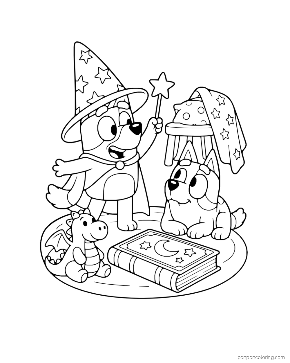 Bluey wears a star-covered wizard hat beside Bingo, a toy dragon, and a large book on a round rug.