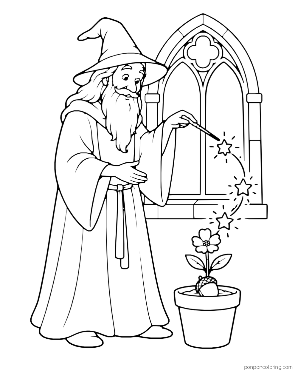 A wizard pointing a wand toward a flowering plant in a pot, with stars between the wand and a pointed window.