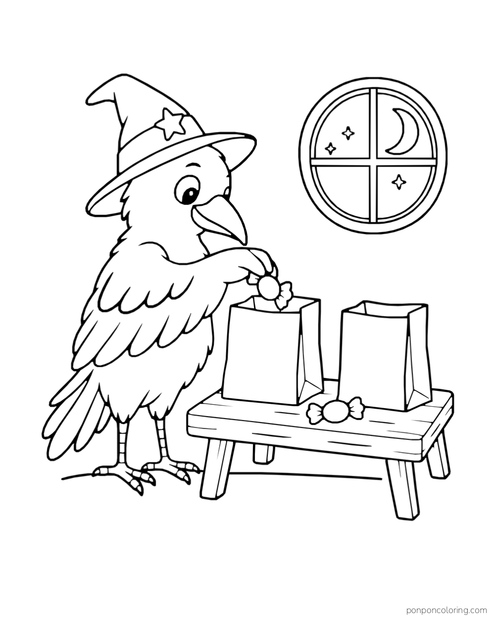 A young crow in a star-marked wizard hat places wrapped candy into two paper bags on a low table beside a moonlit round window.