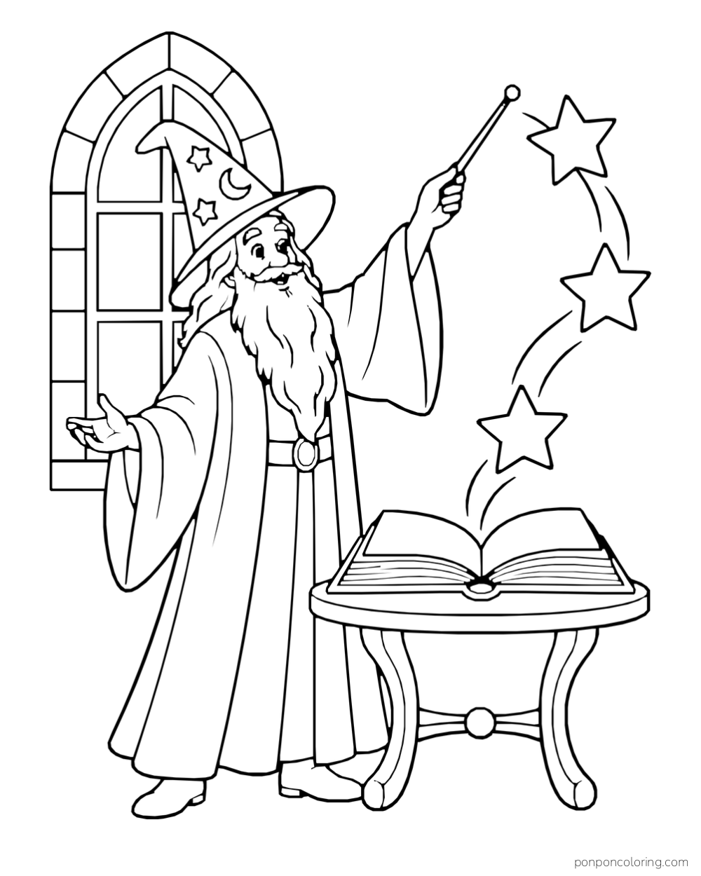 A wizard raising a wand as three stars rise from an open book on a table beside a pointed castle window.