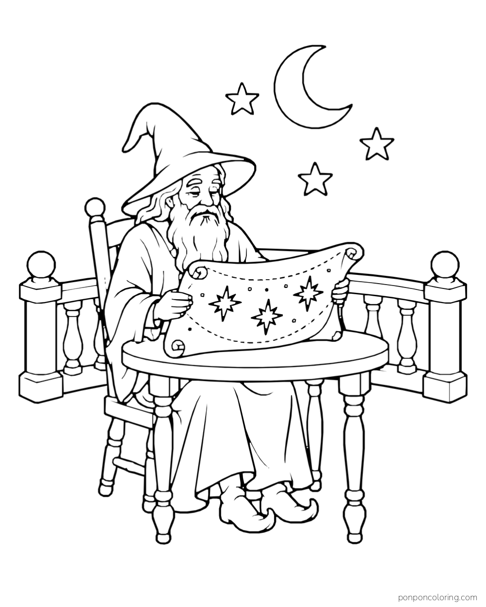A wizard reading a star chart at a balcony table beneath a crescent moon and three stars.