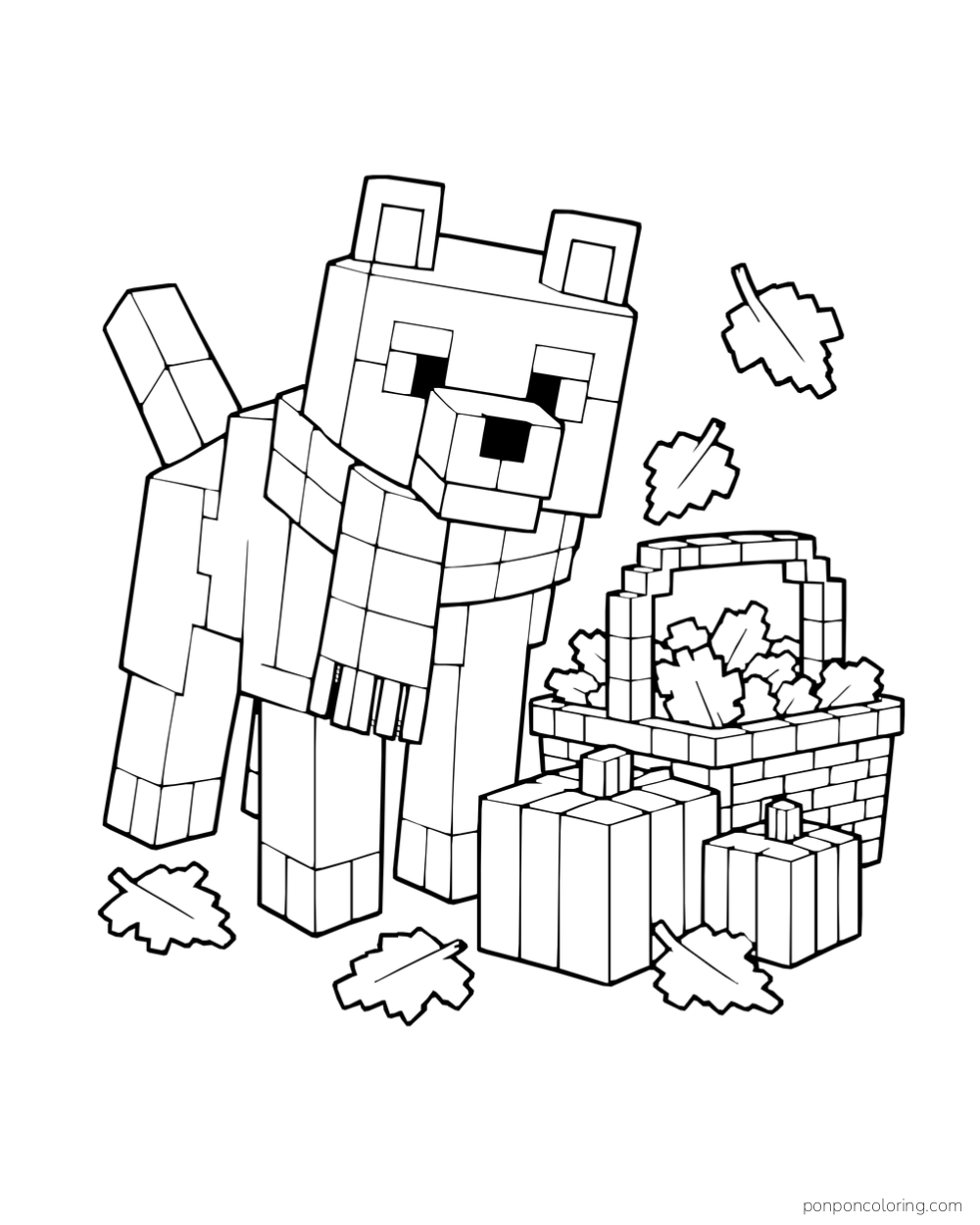 A Minecraft wolf wears a scarf beside pumpkins and a basket of autumn leaves.