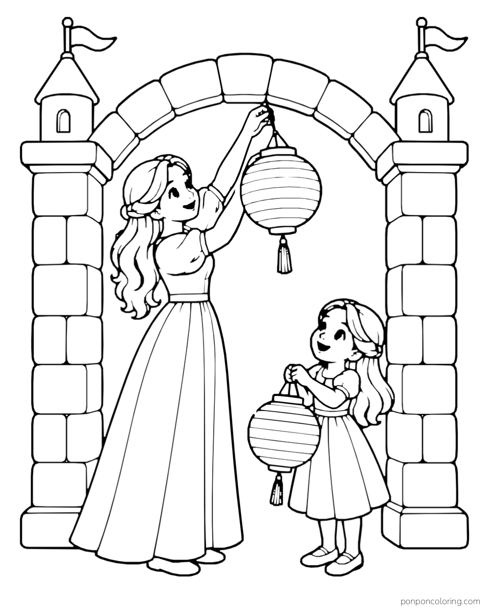 A woman hanging a round lantern from a stone arch while a child holds another lantern below.