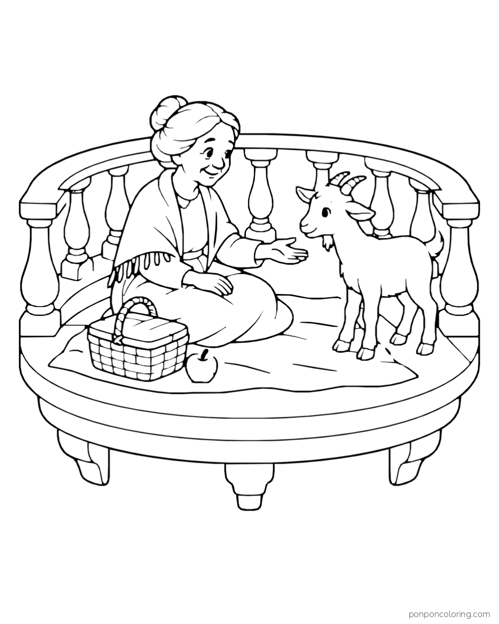 A seated woman and a small goat on a round castle balcony with a basket and fruit beside them.