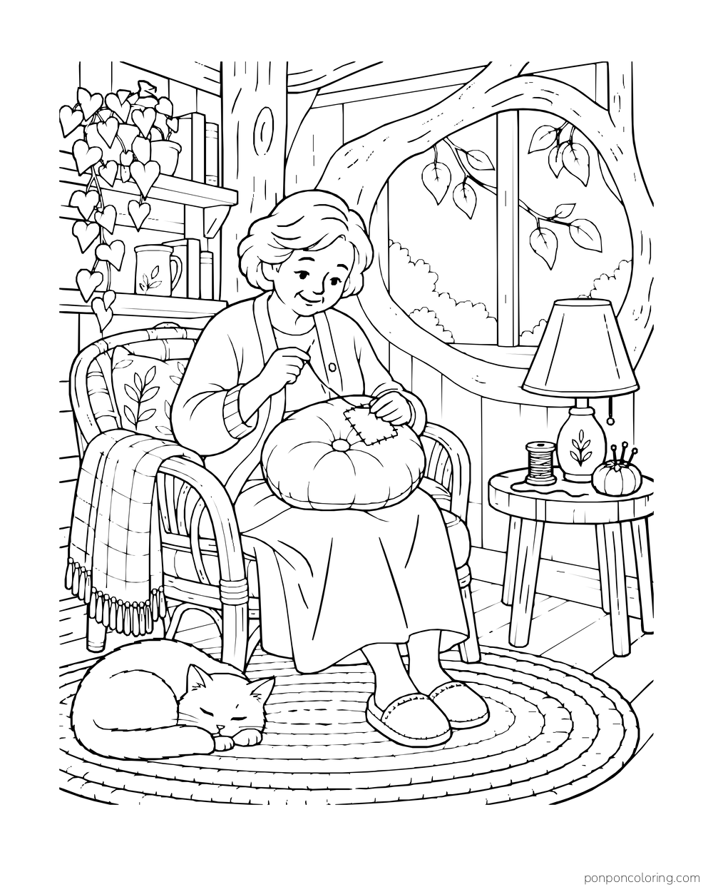 A woman stitches a round cushion inside a treehouse while a cat sleeps near her feet.