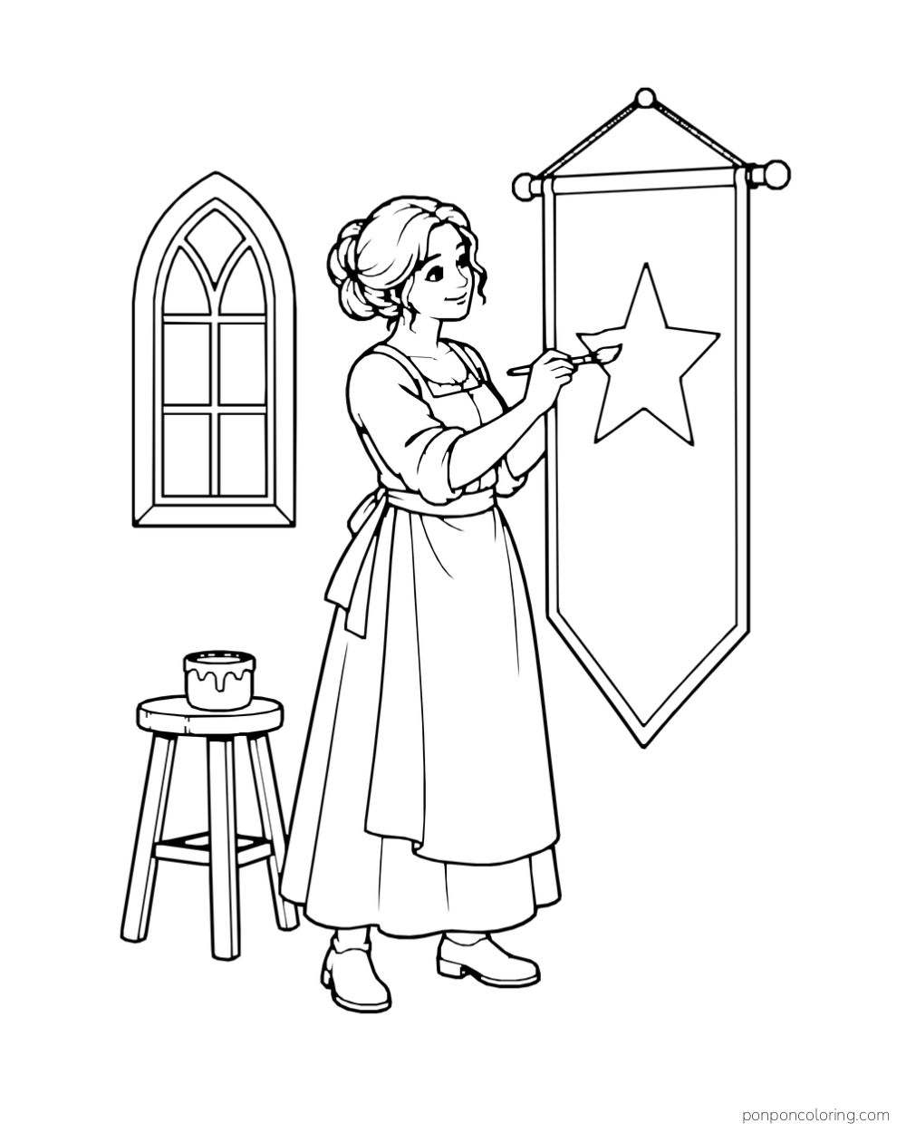 A woman painting a star on a hanging banner beside a pointed castle window, with a paint cup on a stool.