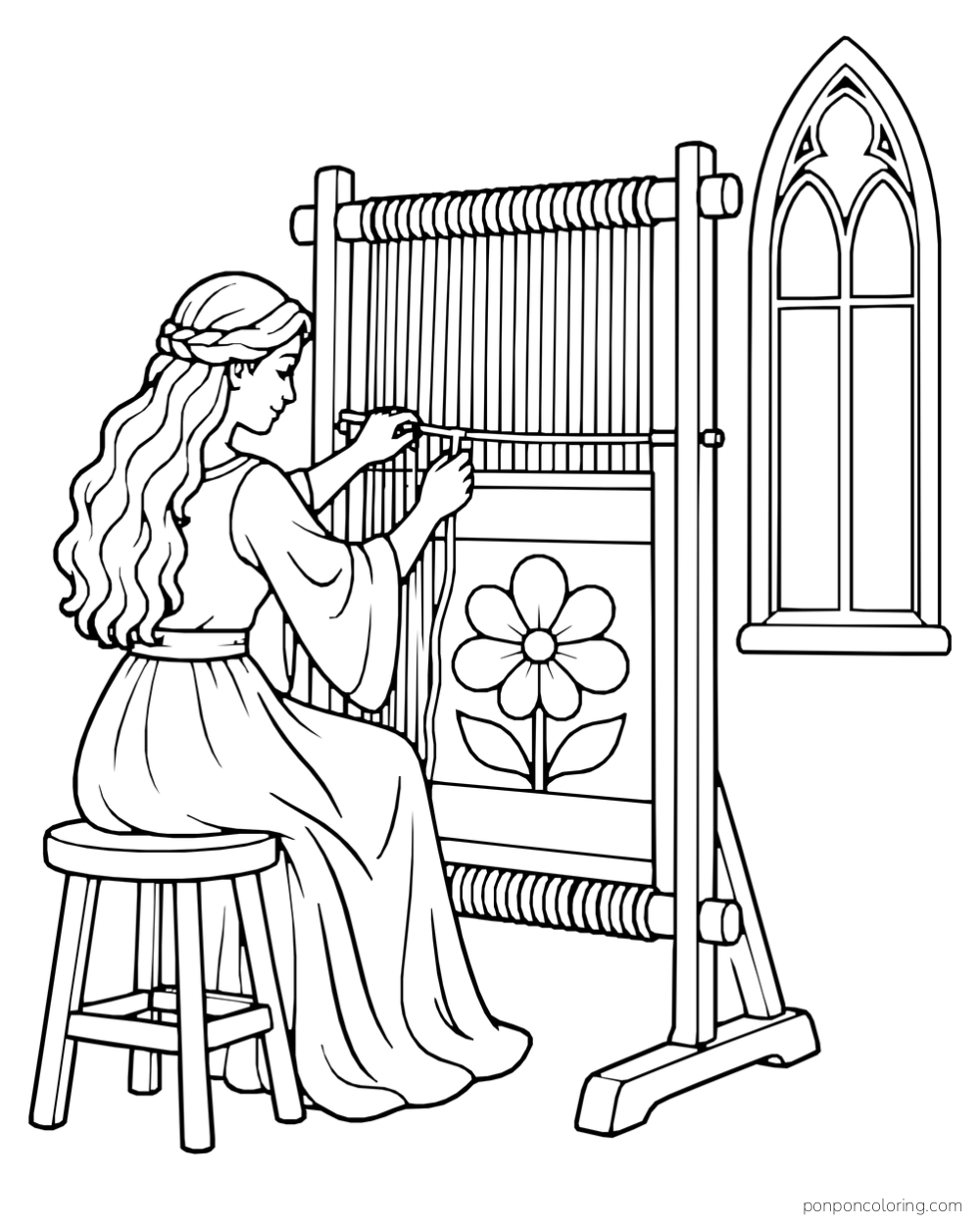 A woman at a tall loom weaving a flower design beside a pointed castle window.