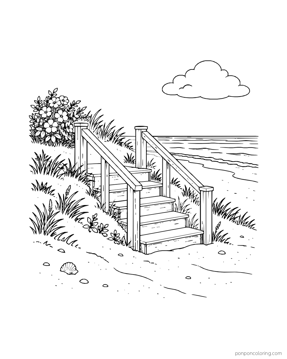 A short wooden stairway descends from a grassy dune toward the shore.