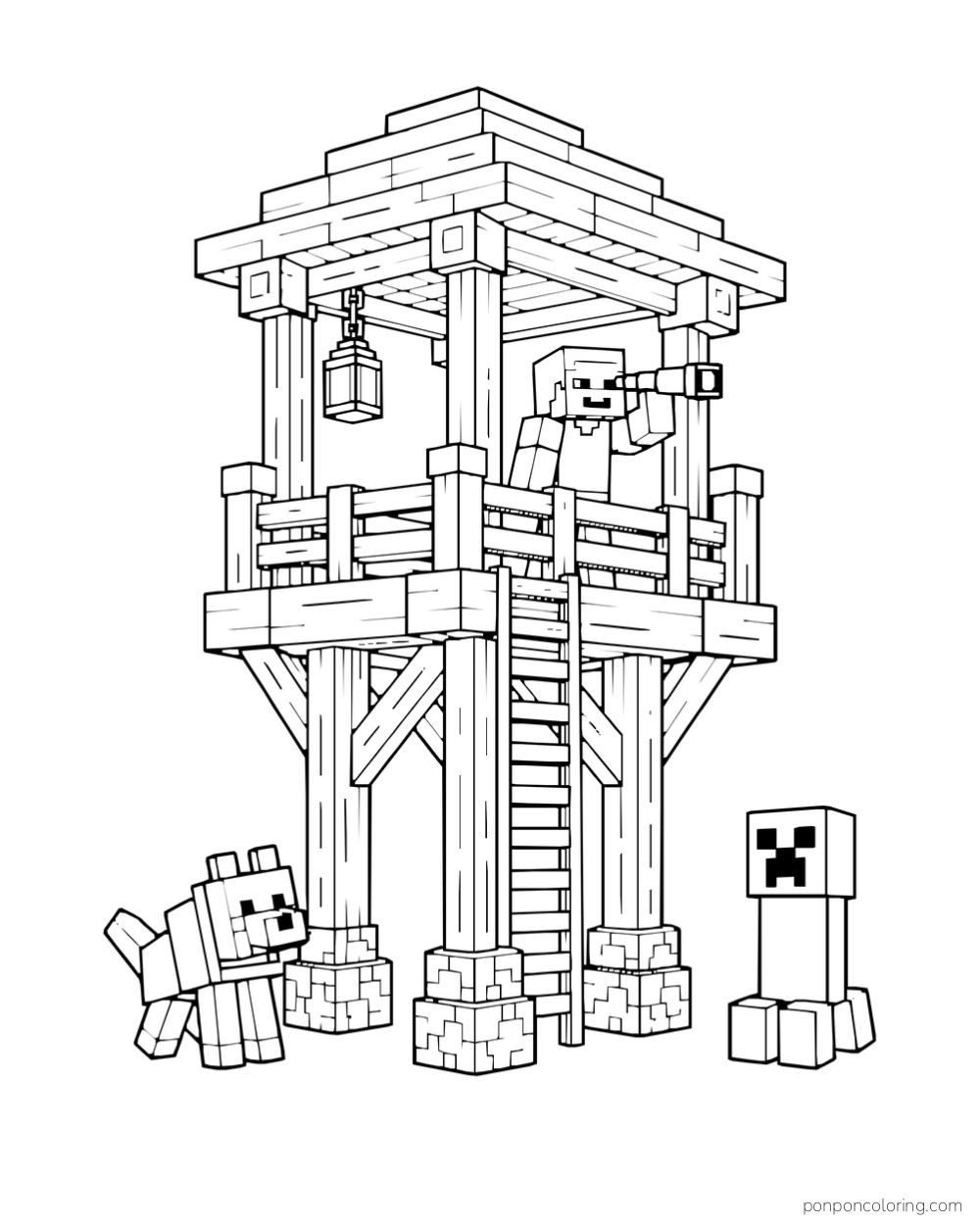 Steve watches from a wooden tower with a ladder while a wolf and creeper stand below.