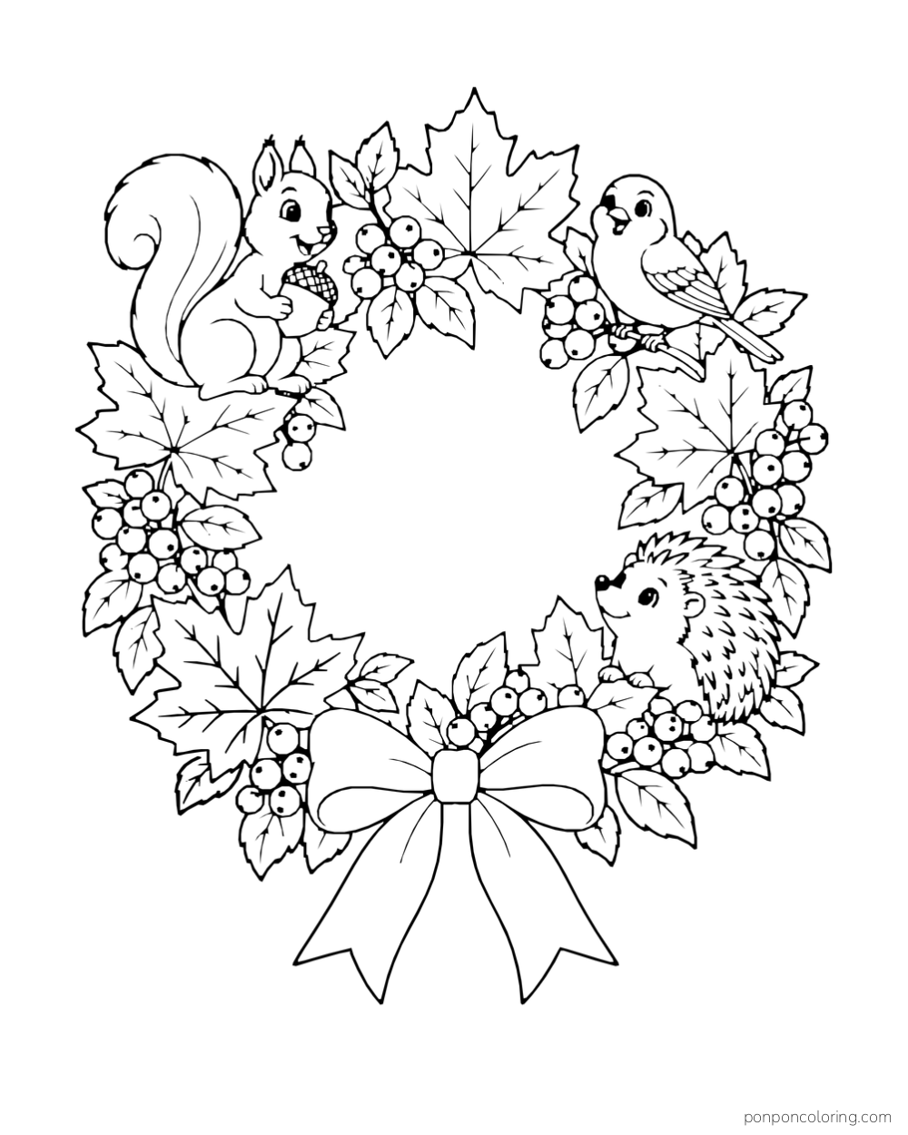 A squirrel, bird, and hedgehog sit in a wreath of maple leaves and berries with a ribbon bow.