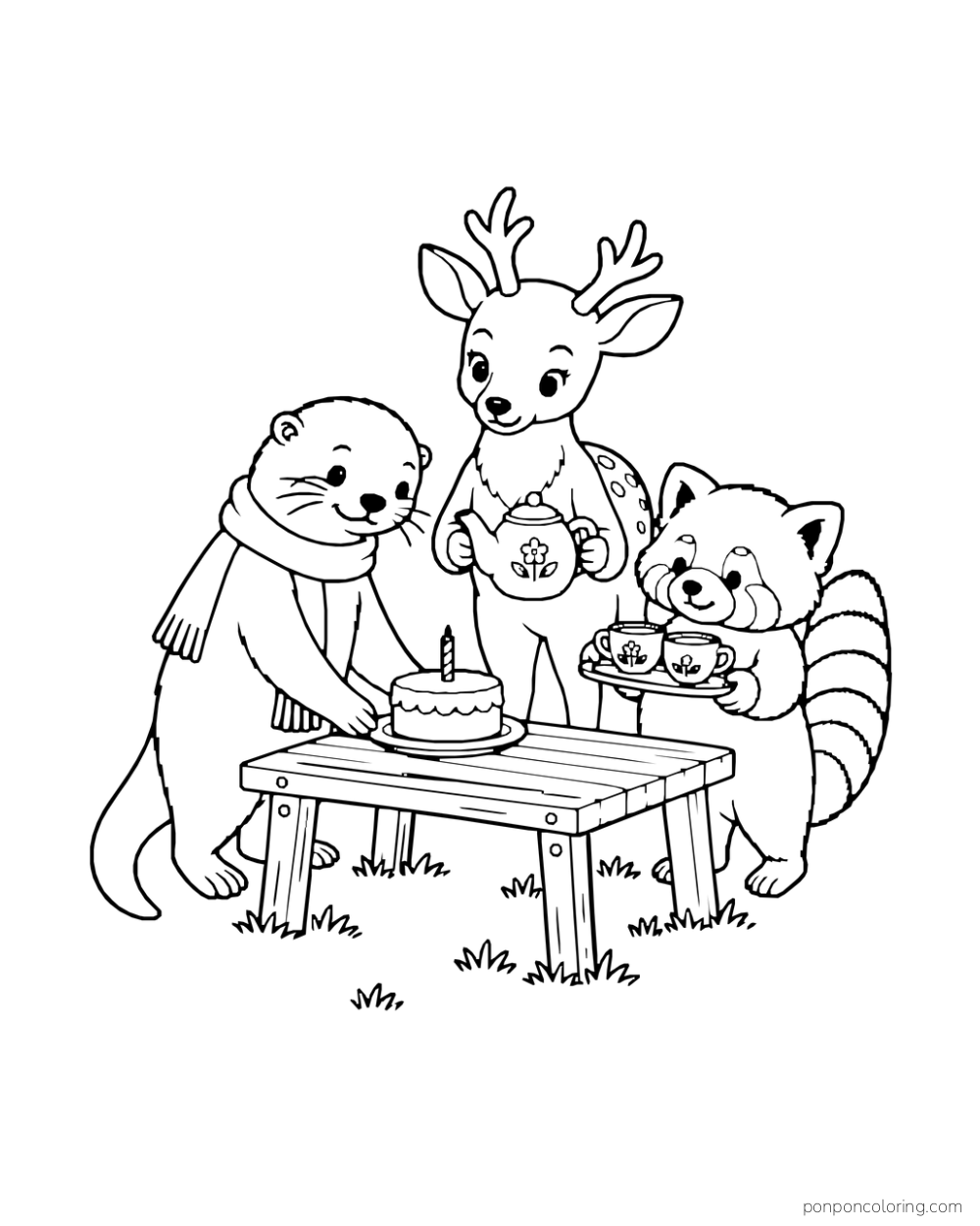 Otter sets a small candle cake on a table while deer holds a teapot and red panda carries two cups.