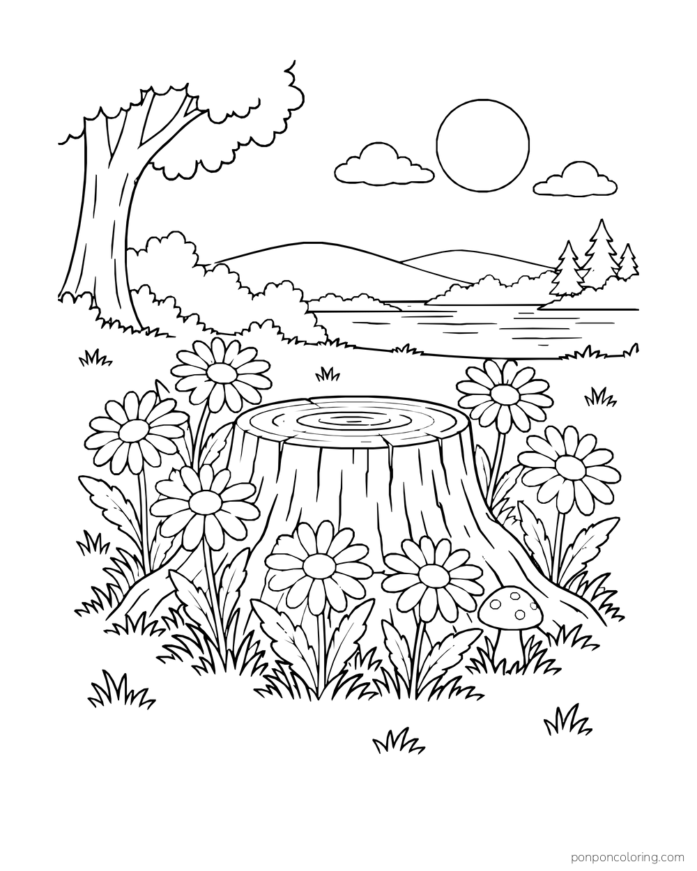 Daisies circle a tree stump in a woodland clearing with a small mushroom nearby.