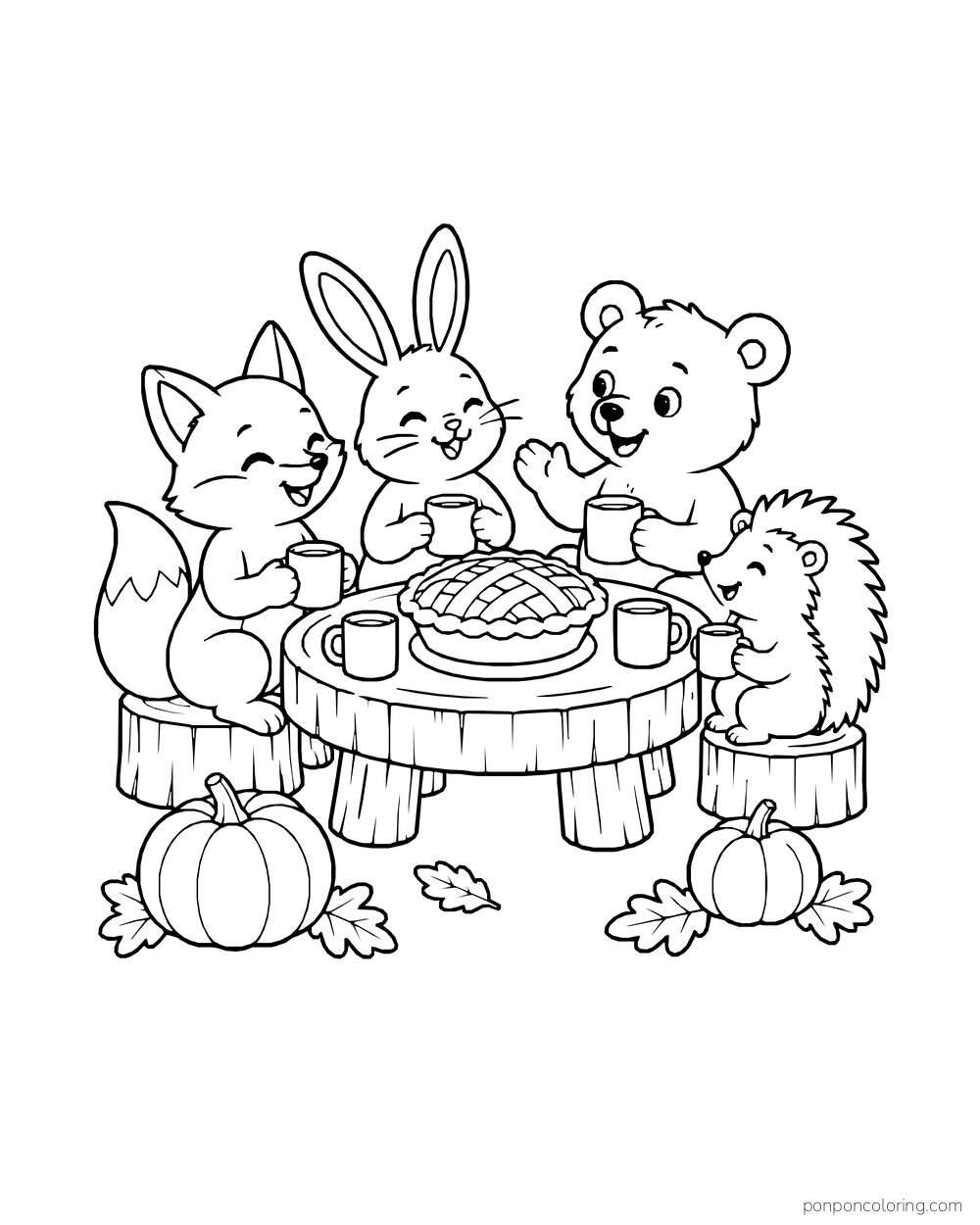 A fox, rabbit, bear cub and hedgehog share pie and mugs at a log table.