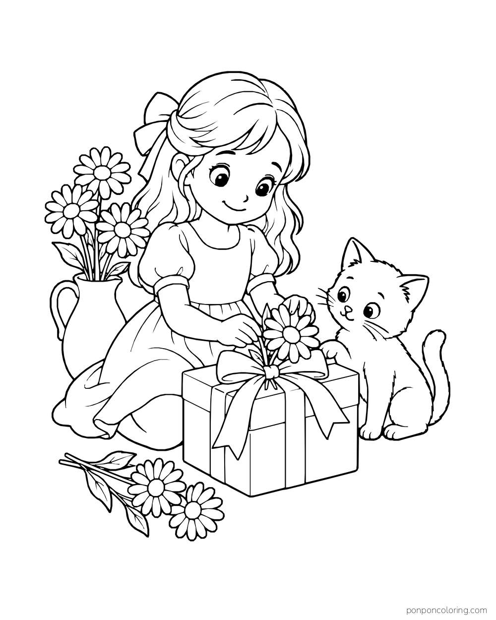 A girl ties a ribbon around a gift box with a daisy while a kitten watches nearby.