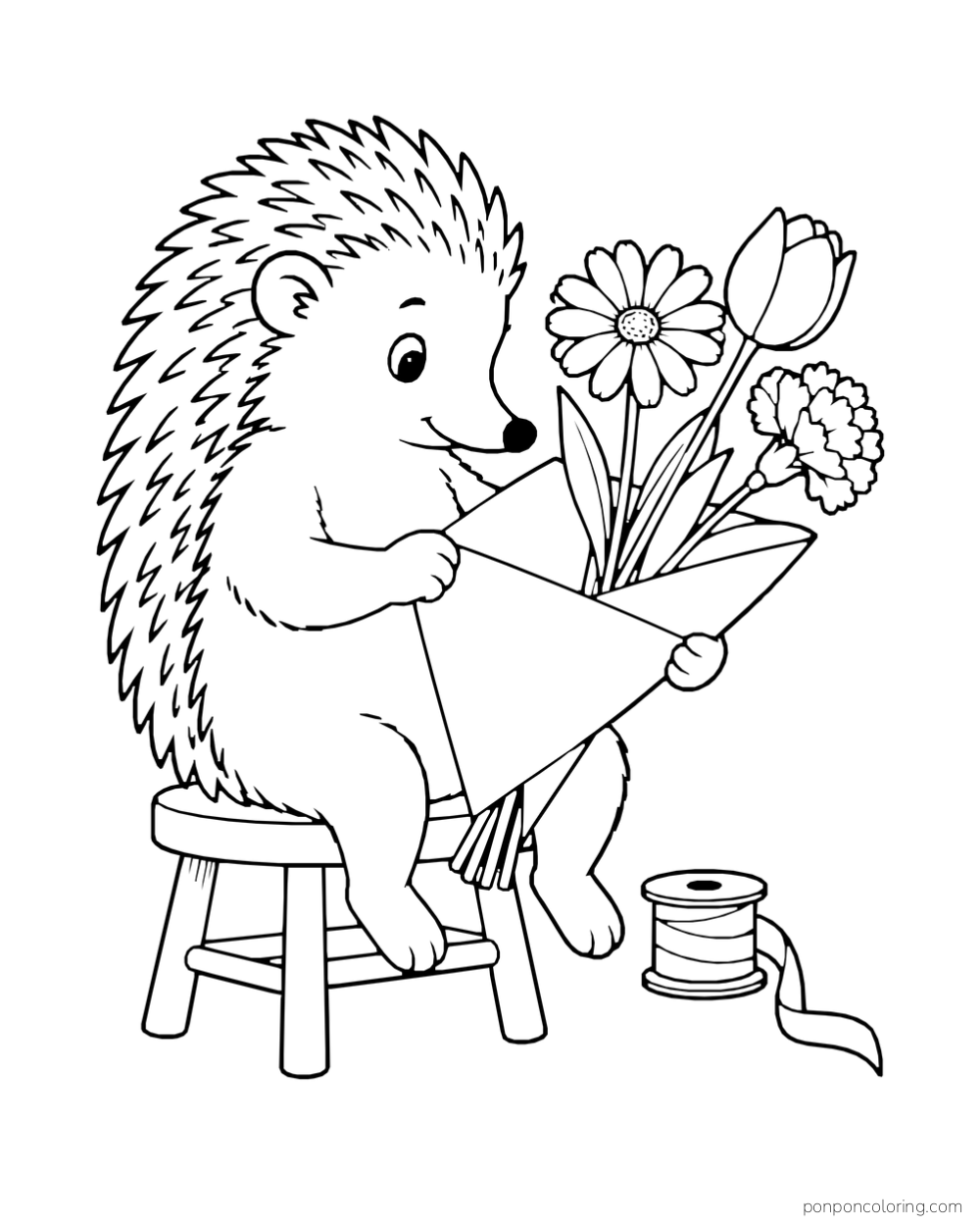 A seated hedgehog folds paper around a bouquet of three kinds of flowers, with a spool nearby.