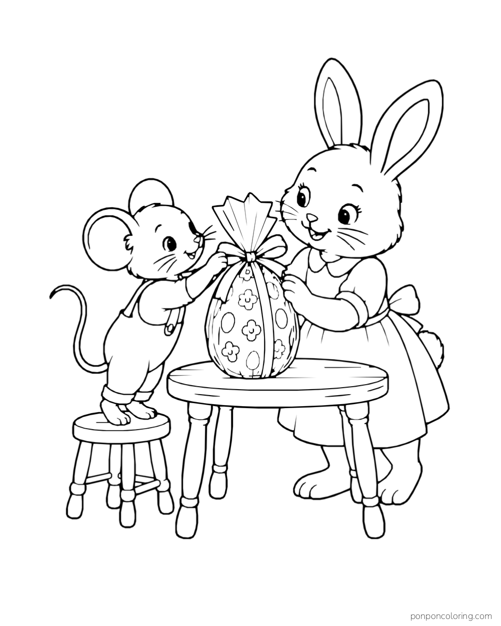 A mouse and rabbit tie a bow around a wrapped, flower-patterned Easter egg on a round table.