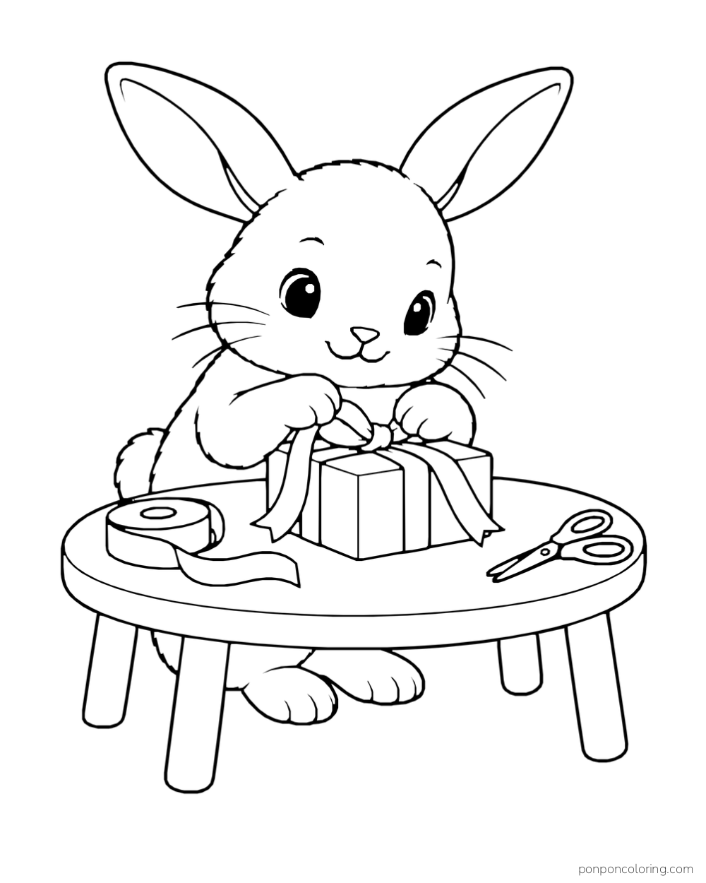 A rabbit wraps a small box at a round table with ribbon and scissors nearby.