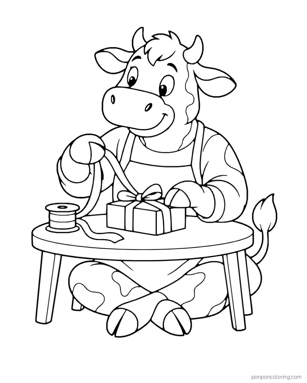 A cow ties ribbon around a parcel on a low table.